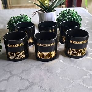 Set Of 6 Ceramic Succulent Planters 3x3 Black With Gold Geometric Design.